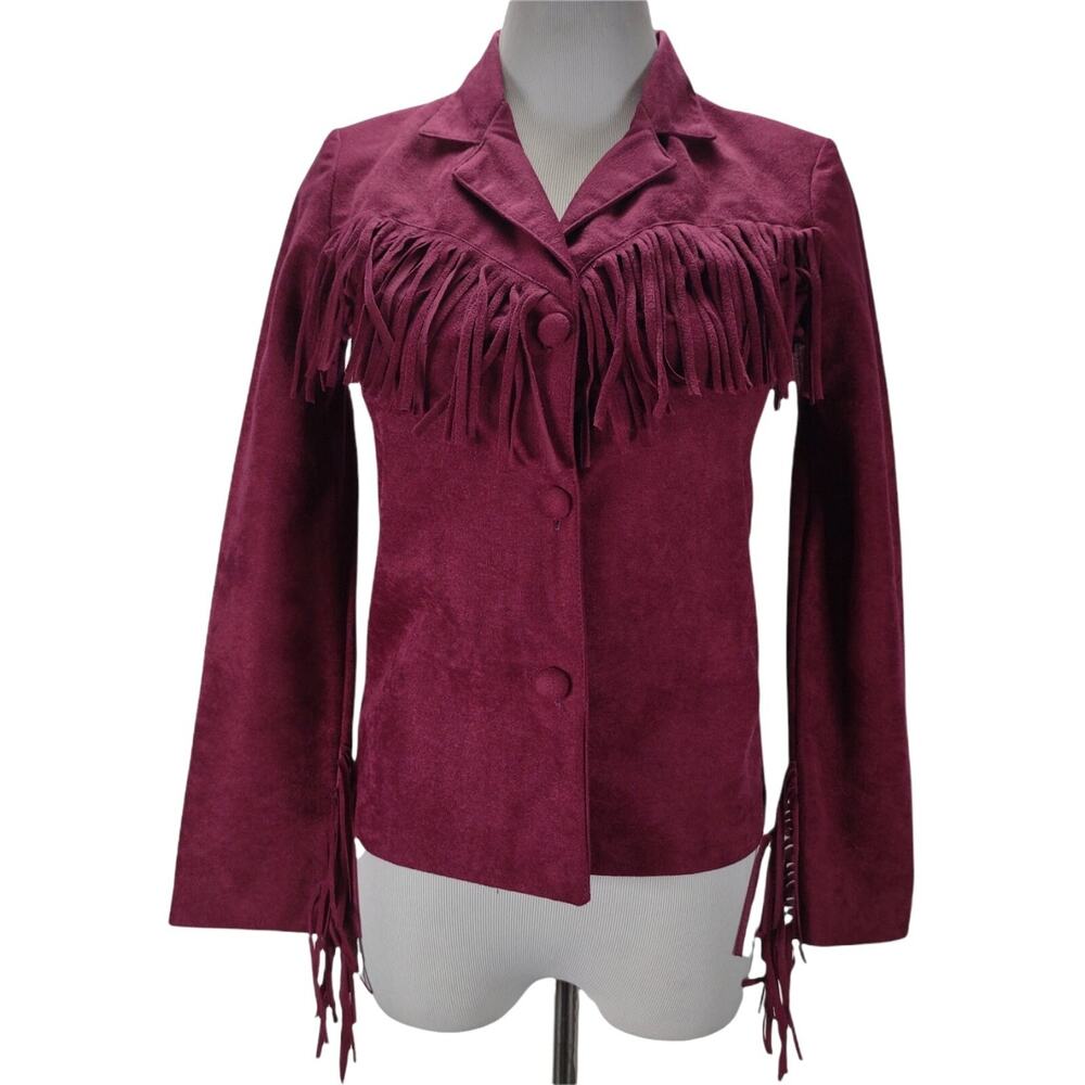 Vintage 70s Surf and Turf Fringe Jacket XS Maroon Faux Suede Western Cowgirl